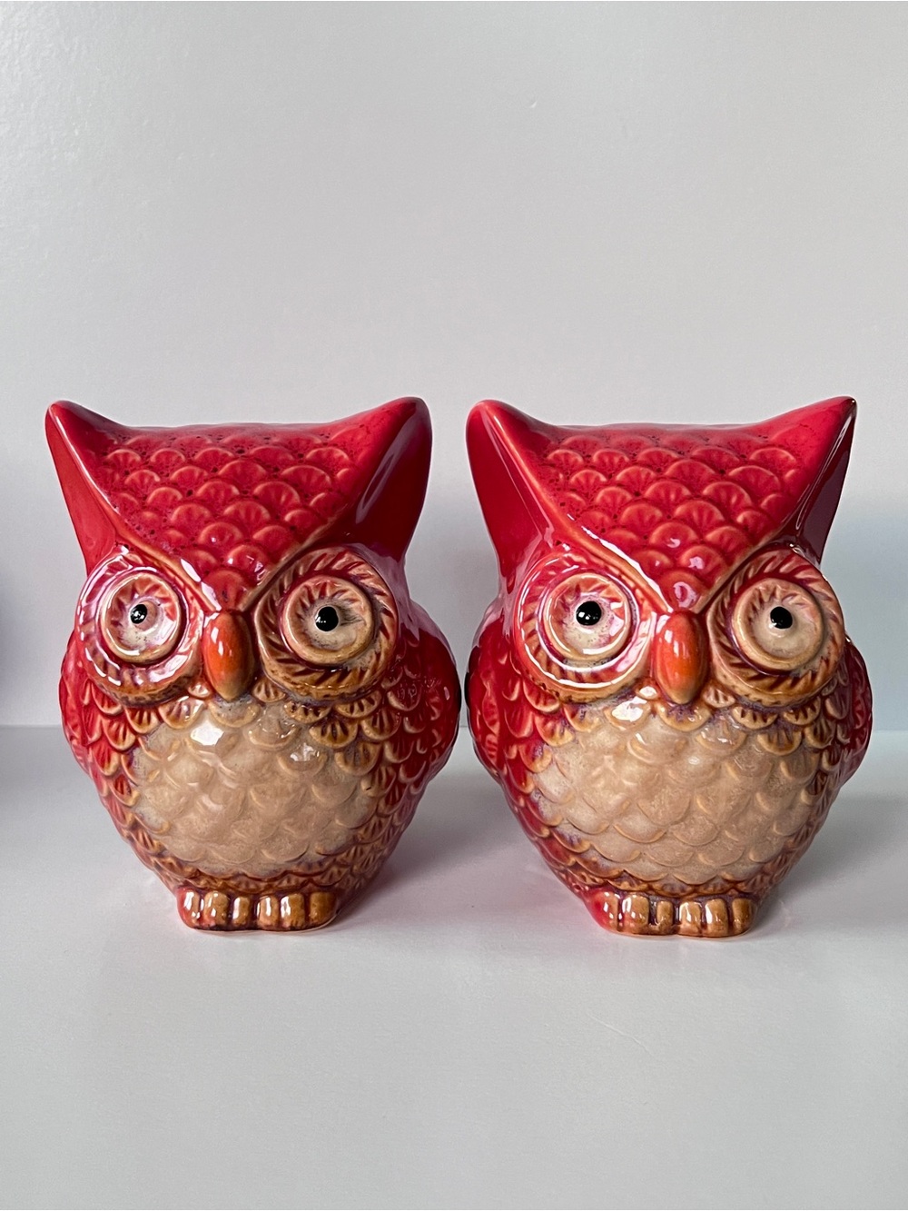 Vintage 70s MCM Pair Red Glazed Ceramic Owl Figurines Retro Set of Two Owls